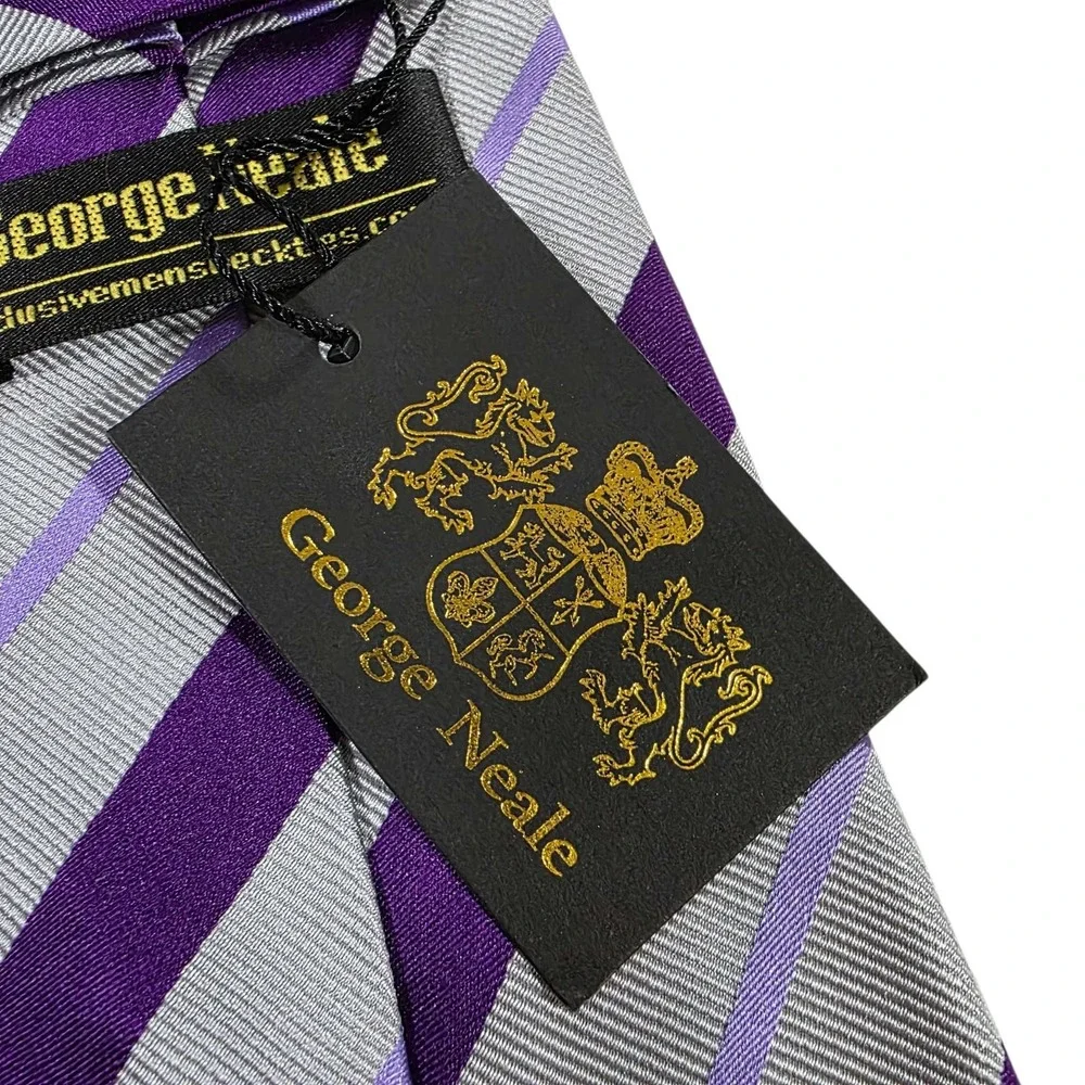 NWT George Neale Mens REPP Striped Silk‎ Necktie Purple Grey Formal Business